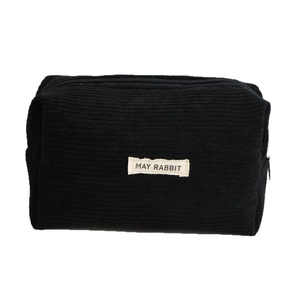 Portable black corduroy stationery bag with zipper closure and logo patch