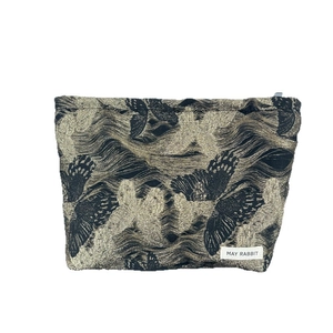 Elegant black and gold butterfly jacquard makeup bag with large capacity and zipper