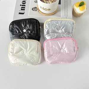 Quilted glossy PU leather coin purses in black, silver, beige, and pink colors