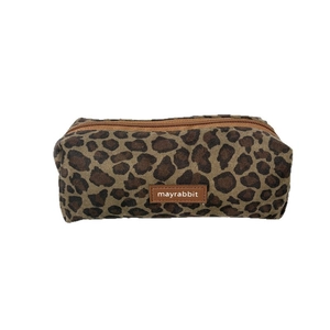 Large capacity leopard print suede pencil case with zipper and branded leather patch