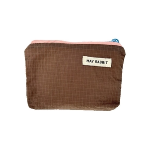 Waterproof nylon plaid makeup bag with brown grid pattern and blue zipper closure