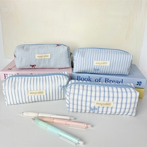Cotton Striped Pencil Case Large Capacity Checked Stationery Storage Bag Portable Travel Toiletry Organizer Pouch For Students