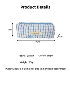 Fresh blue and white checkered stationery storage bag measuring 19cm by 7cm by 6cm