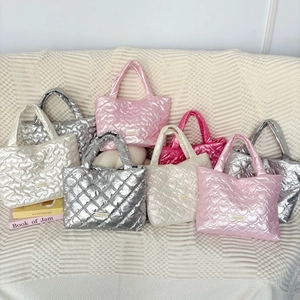 Women Quilted Handbag Heart Bow Pattern Metallic Faux Leather Puffy Tote Bag For Daily Commute Sweet Fashion