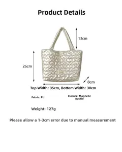 Detailed dimension guide for white PU tote bag with heart pattern and magnetic closure
