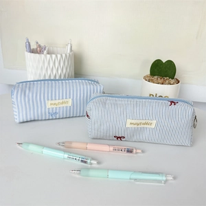 Fresh light blue striped pencil case with large capacity stationery storage bag for students