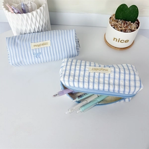 Large capacity light blue striped and plaid pencil case for student stationery storage