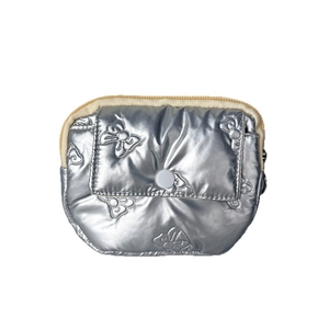 Silver quilted PU coin purse with butterfly embossing and zipper closure