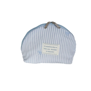 Blue and white striped shell cosmetic bag with blue bow embroidery and dual zippers