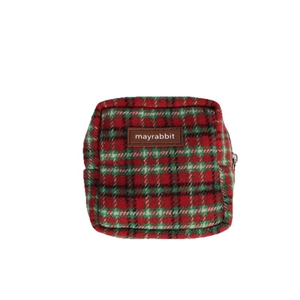 Trousse à cosmétiques vintage en laine à carreaux rouge et vert avec étiquette cuir