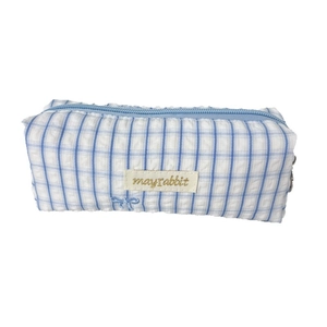 Blue and white checkered portable pencil case with zipper for student stationery storage