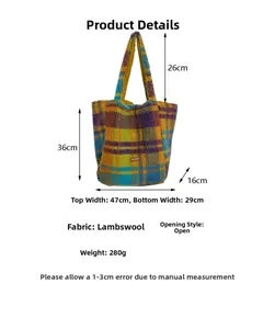 Detailed size chart of the colorful checkered plush tote bag with material specifications