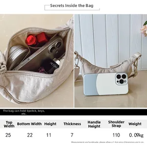 Size chart showing beige dumpling bag dimensions: 25cm width, 11cm height, 110cm strap