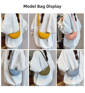 Multi-color nylon crescent crossbody bags shown from behind for size reference