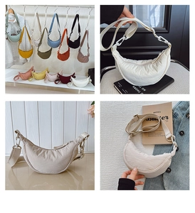 Detail showing various colors of nylon crescent crossbody bags with adjustable straps