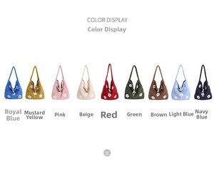 Color palette display of plush floral tote bags in nine vibrant colors for choice
