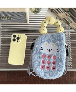 Blue plush crossbody bag with cartoon cat face and colorful emoji embroidery details