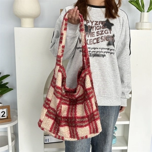 Chic red and white checkered plush tote bag with a soft fuzzy texture and large capacity