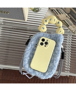 Blue plush crossbody phone bag featuring a yellow wavy handle with embroidery