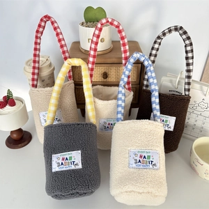 Plush Sherpa Fleece Cup Sleeve With Gingham Handle Portable Insulated Water Bottle Bag Cute Rabbit Label Storage Pouch
