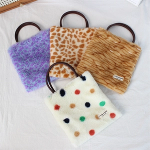 Plush Faux Fur Handbag Leopard Animal Print Winter Women Fashion Tote Bag With Handles Magnetic Closure Casual