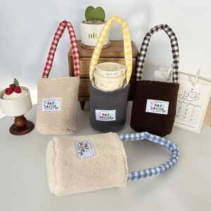 Close-up of plush water bottle carrier bags in four assorted checkered color patterns