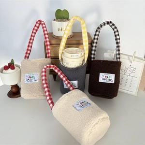 Cute plush cup holder bags with checkered handles in beige grey and brown colors