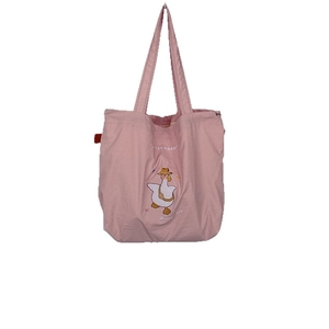 Pink canvas tote bag with cute duck embroidery and drawstring closure for women