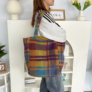 Colorful plaid sherpa tote bag with large capacity and fluffy shoulder straps for women