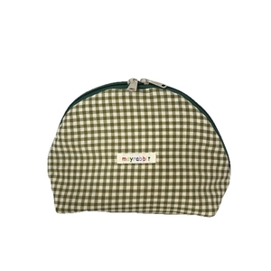 Green and white checkered shell-shaped makeup bag with dual silver zippers and logo patch