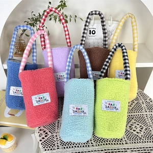 Plush Water Bottle Sleeve Sherpa Fleece Cup Carrier Bag With Portable Plaid Handle Cute Cartoon Rabbit Protective Pouch