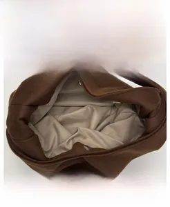Close-up detail of the brown wool shoulder bag interior featuring beige lining and snap closure