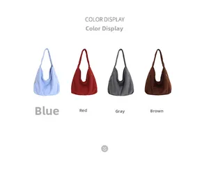 Color display of large canvas hobo bags in blue, red, grey and coffee color options