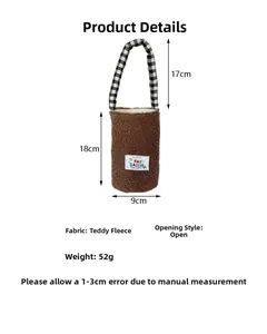 Detail view of plush brown bottle carrier with rabbit patch and size dimensions