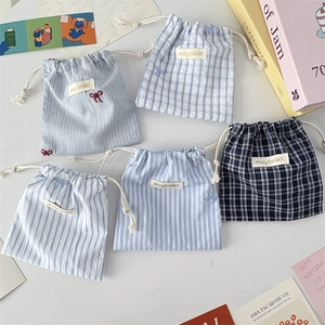 Drawstring Storage Bag Striped Plaid Fabric Travel Makeup Organizer Dustproof Bowknot Portable Desktop Pouch