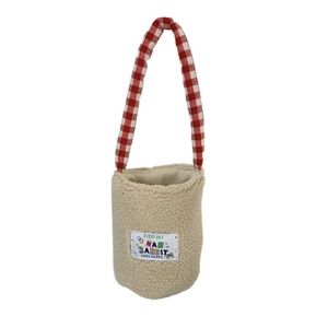 Cute beige plush water bottle carrier with red checkered handle and colorful embroidery