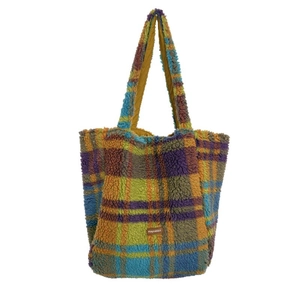 Colorful checkered plush tote bag with lamb wool texture and adjustable shoulder strap