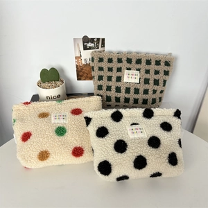 Winter plush checkerboard and polka dot cosmetic bags with soft fleece fabric