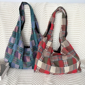 Vintage Plaid Patchwork Hobo Shoulder Bag Large Capacity Checkered Pattern Polyester Fabric Retro Tote Bag For Women