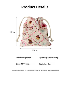 Detail view of cartoon drawstring pouch showing quilted texture and bear patterns