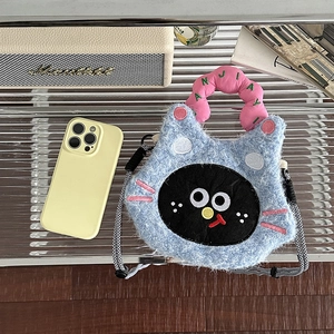 Cute blue plush cartoon crossbody phone bag with pink handle and embroidery details