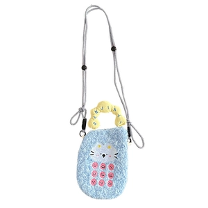 Cute blue plush crossbody phone bag with cartoon embroidery and checkered strap