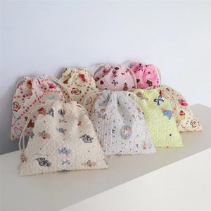 Drawstring Storage Bag Polyester Seersucker Fabric Portable Organizer Pouch Cute Cartoon Animal Print Travel Cosmetic Container
