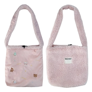 Pink plush tote bag with cartoon embroidery and fuzzy lamb wool double-sided design