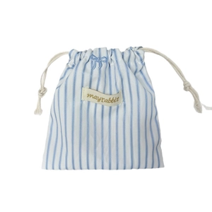 Blue and white striped drawstring canvas storage bag with bow embroidery and logo