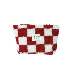 Winter plush checkerboard makeup bag in red and white lamb wool with large capacity
