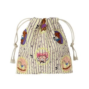 Cute yellow seersucker drawstring pouch with bear and cat embroidery for toiletries