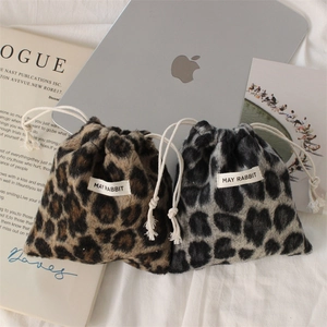 Leopard print faux fur drawstring storage bags in brown and grey with cotton cords