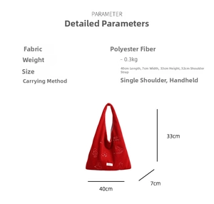 Detailed dimensions of red bird embroidery tote bag with shoulder strap measurements