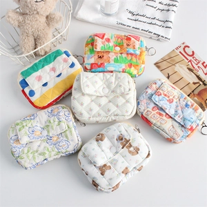 Quilted Cotton Coin Purse Mini Storage Pouch With Zipper And Snap Button Front Pocket Cartoon Floral Pattern For Women